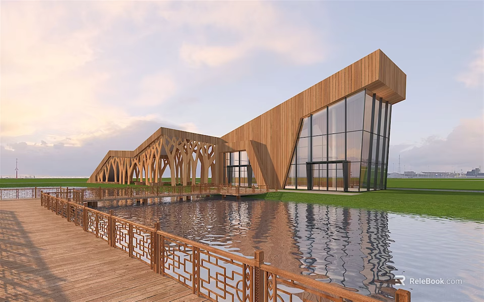 Modern Wooden Architectural Design With Large Glass Windows By Waterfront Boardwalk 3d model 