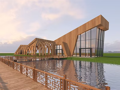 Modern Wooden Architectural Design With Large Glass Windows By Waterfront Boardwalk 3d model