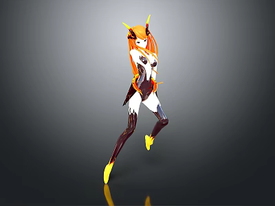 Game and Movie Female Character with Orange Hair Horns White Black Outfit and Yellow Boots 3d model