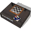 Wooden Coffee Table with Chessboard Top Storage Shelf Books Mugs and Chess Pieces
