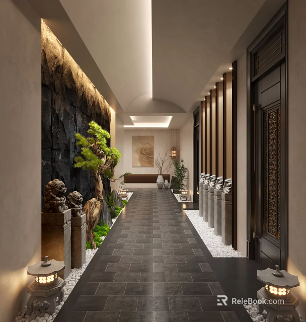 Traditional Chinese Elevator Hallway With Stone Lion Statues Green Plants Slate Floor And Wooden Decor 3d model 