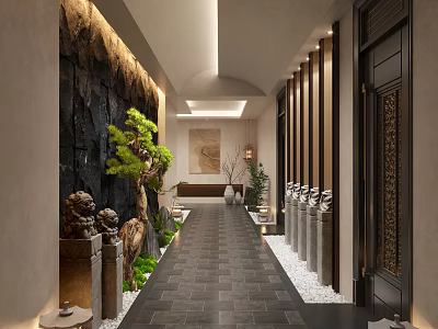 Traditional Chinese Elevator Hallway With Stone Lion Statues Green Plants Slate Floor And Wooden Decor 3d model