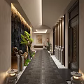 Traditional Chinese Elevator Hallway With Stone Lion Statues Green Plants Slate Floor And Wooden Decor