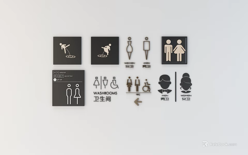 Public Facilities Washroom Signs Featuring Restroom Accessible Family Care And Directional Icons 3d model 