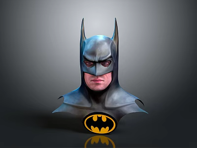 Man Wearing Detailed Batman Mask With Gray Costume And Yellow Logo 3d model