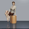 Modern Swing Door Interior Scene With Female Figure And Cylindrical Stool