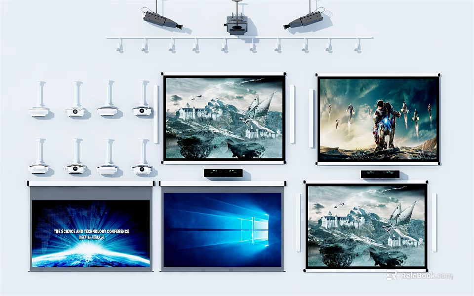 Multiple Projection Screens And Surveillance Cameras In Monitoring System Setup 3d model 