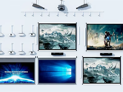 Multiple Projection Screens And Surveillance Cameras In Monitoring System Setup 3d model