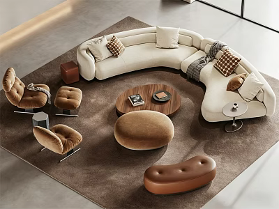 Modern Irregular Shaped Sofa Living Room Design With Armchairs Round Coffee Table And Ottoman 3d model