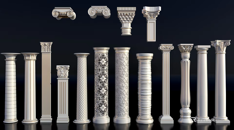 Various Classical Roman Columns With Different Capitals And Intricate Carved Patterns 3d model 