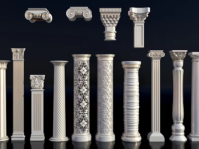 Various Classical Roman Columns With Different Capitals And Intricate Carved Patterns 3d model