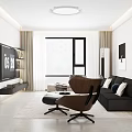 Modern Living and Dining Room With Gray Sofa White Round Coffee Table Black Accent Chair