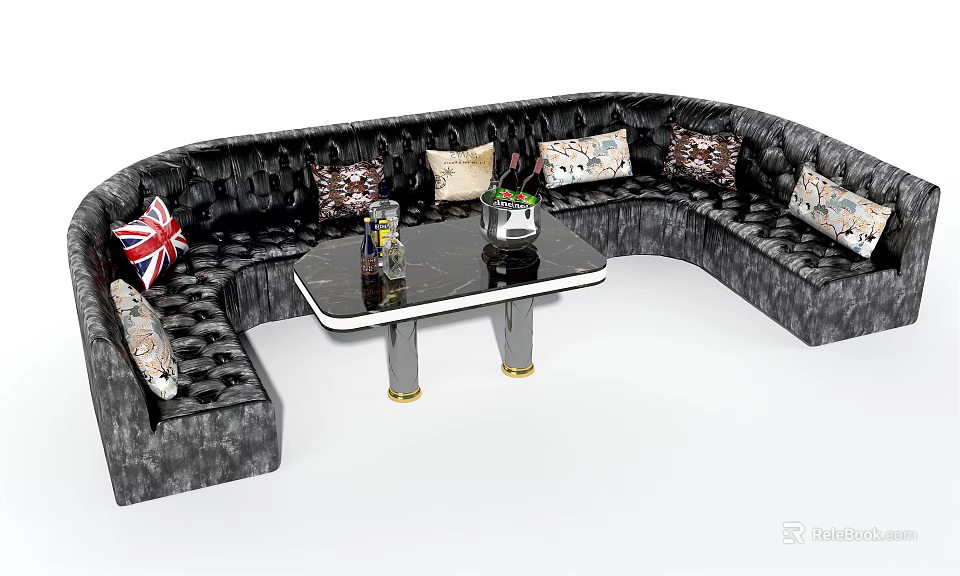 Luxury Black Sectional Sofa With Decorative Pillows And Marble Top Coffee Table 3d model 
