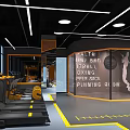 Modern Gym Interior Featuring Yellow Black Fitness Equipment Central Track Ceiling Lights And Mirror Walls