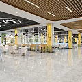 Spacious Cafeteria Interior With Food Stalls Yellow Pillars Wooden Ceiling And Tables Chairs