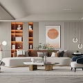 Modern Living Room Interior With Beige Sofa Round Coffee Table Blue Accent Chair And Circular Wall Art