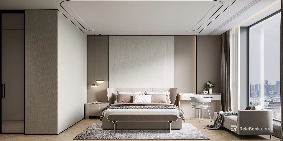Modern Bedroom Interior Design With Gray Headboard Wall Bed Nightstand Pendant Lights And Area Rug 3d model 