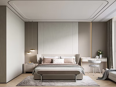 Modern Bedroom Interior Design With Gray Headboard Wall Bed Nightstand Pendant Lights And Area Rug 3d model