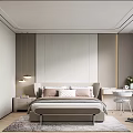 Modern Bedroom Interior Design With Gray Headboard Wall Bed Nightstand Pendant Lights And Area Rug