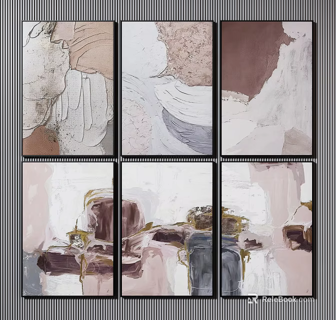 Six Panel Abstract Paintings With Textured Brushstrokes And Neutral Hues 3d model 