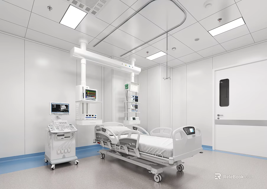 Clean Modern Hospital Outpatient Ward With Medical Bed And Equipment 3d model 