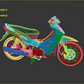 Stylish Blue Motorcycle With Black Seat Yellow Wheels Silver Exhaust And Colorful Decals