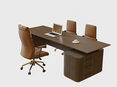 Modern Office Desk With Laptop White Cup Brown Chair And Cabinet 3d model