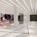 Modern Bright Gallery Interior With Colorful Abstract Paintings White Ceiling Lights And Red Geometric Installation