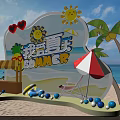 Vibrant Summer Beach Scene With Sun Palm Tree Umbrella Kiosk And Colorful Balls
