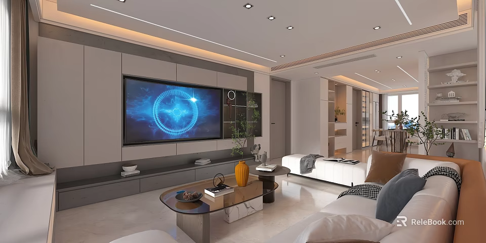 Modern Living Dining Room Interior Design With Large Screen TV Sofa And Coffee Table 3d model 