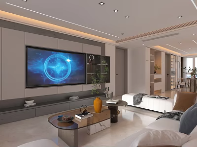 Modern Living Dining Room Interior Design With Large Screen TV Sofa And Coffee Table 3d model
