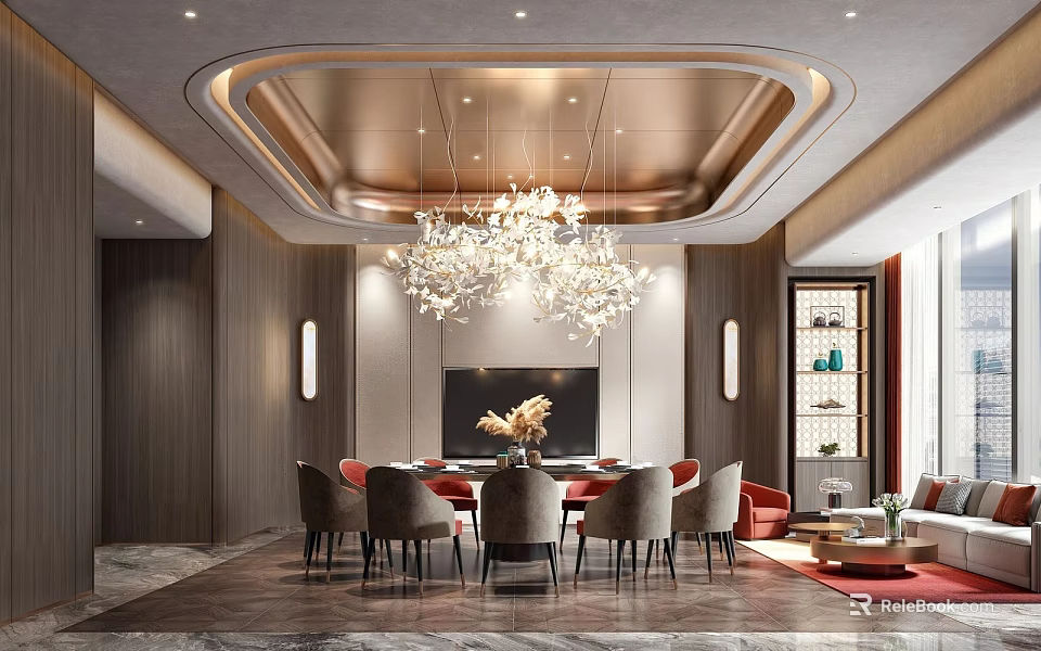 Modern Private Dining Room With Crystal Chandelier Round Dining Table Red Chairs And Wooden Walls 3d model 