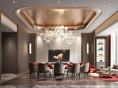 Modern Private Dining Room With Crystal Chandelier Round Dining Table Red Chairs And Wooden Walls 3d model