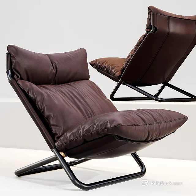 Brown Leather Leisure Chair with Modern Metal Frame Comfortable Contemporary Living Room Design 3d model 