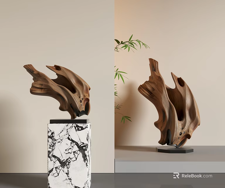 Handcrafted Wooden Sculpture Artwork On Marble Base With Bamboo Plants 3d model 
