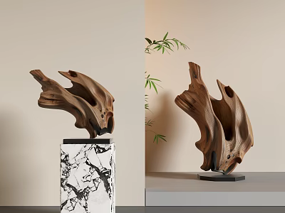 Handcrafted Wooden Sculpture Artwork On Marble Base With Bamboo Plants 3d model