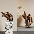 Handcrafted Wooden Sculpture Artwork On Marble Base With Bamboo Plants