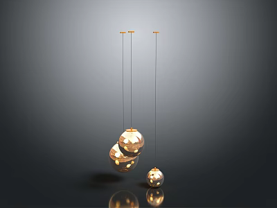 Golden Sphere Pendant Lights Hanging On Dark Background With Reflections 3d model