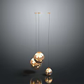 Golden Sphere Pendant Lights Hanging On Dark Background With Reflections