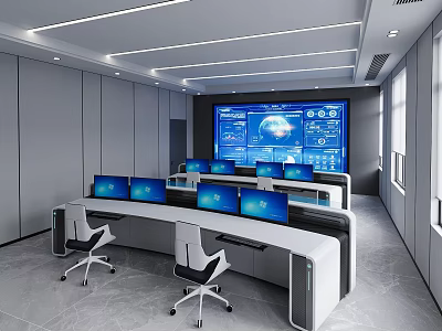 Modern Control Room Interior With Large Screen Multiple Monitors And Control Desks 3d model