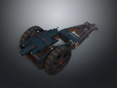 Vintage Military Cannon Weapon With Large Iron Wheels And Metallic Steampunk Design 3d model