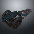 Vintage Military Cannon Weapon With Large Iron Wheels And Metallic Steampunk Design