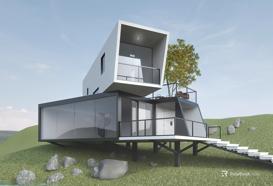 Modern Geometric Detached Villa With Large Glass Walls And Hillside Landscape 3d model 