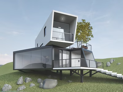Modern Geometric Detached Villa With Large Glass Walls And Hillside Landscape 3d model