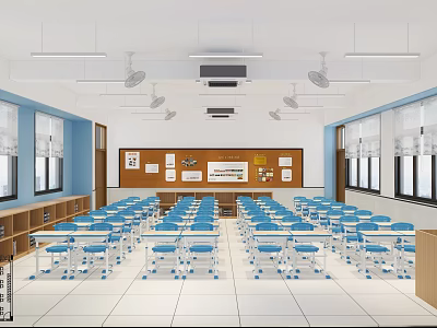 School Classroom Interior With Blue Desks Chairs Neatly Arranged Front Board Wall Posters Windows And Bookshelves 3d model