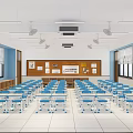 School Classroom Interior With Blue Desks Chairs Neatly Arranged Front Board Wall Posters Windows And Bookshelves