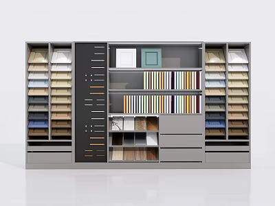 Modern Gray Display Cabinet Shelving with Multiple Organized Compartments and Drawers 3d model