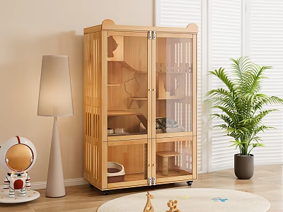 Wooden Glass Door Display Cabinet With Floor Lamp Astronaut Figure And Green Plant 3d model