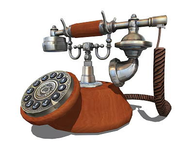 Vintage Rotary Dial Telephone With Wooden Base And Metal Parts Design 3d model