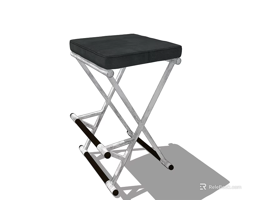 Black Padded Seat Stool With Silver Metal Crossed Legs And Folding Design 3d model 